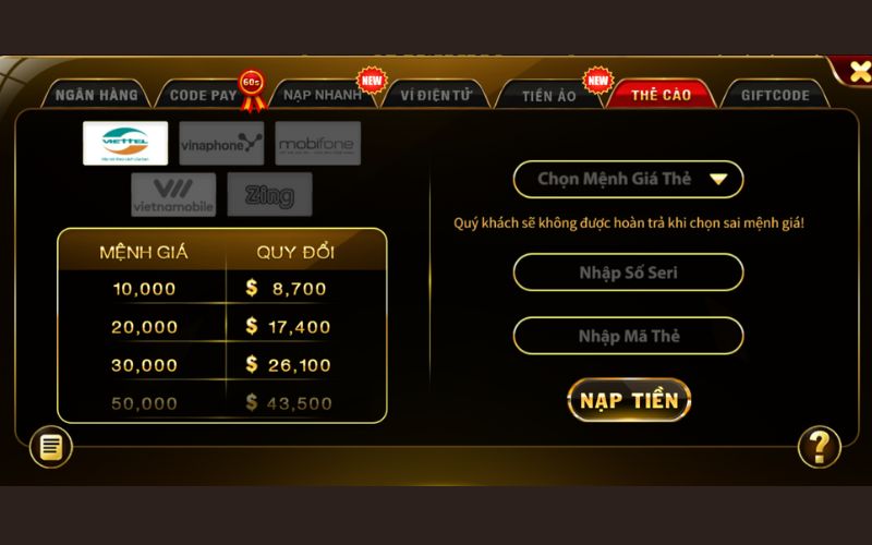 Nạp tiền Go88 - Thẻ cào điện thoại